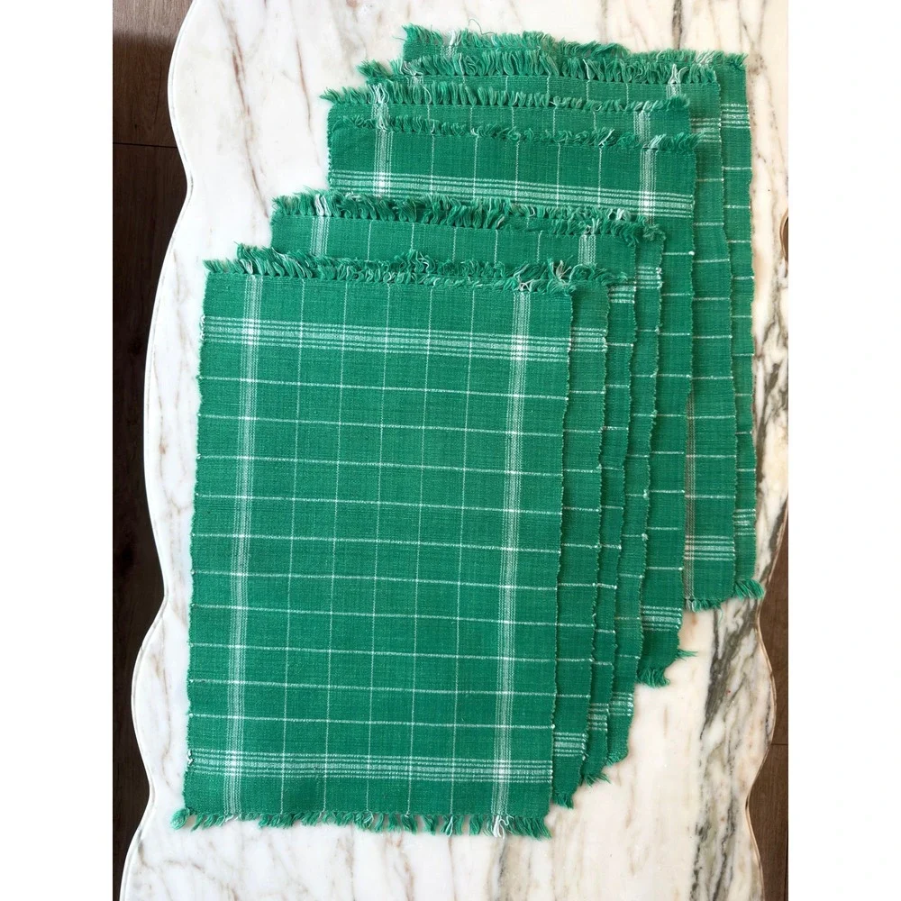 Set of 8 Vintage Green Plaid Fringed Woven Placemats 18x12